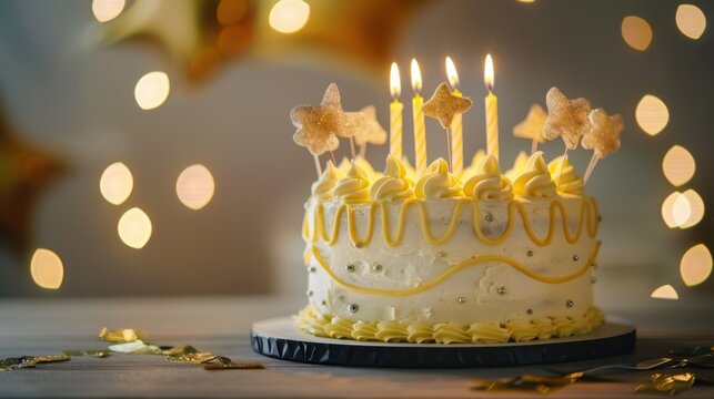 White birthday cake with yellow icing, star-shaped decorations, and lit candles on a plate with blurred lights in the background.