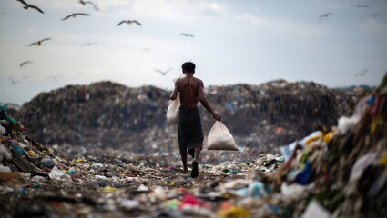 A man walks through a large garbage dump carrying bags filled with waste. The scene highlights the issue of waste management and environmental pollution.