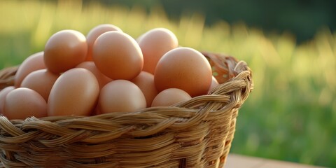 The Basket of Fresh Brown Eggs on Sunlit Grass in a Rustic Outdoor Setting