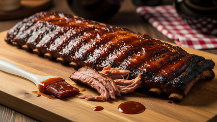 Classic American barbecue ribs rack, full slab, placed on a wooden board with sauce brush nearby, authentic BBQ scene.