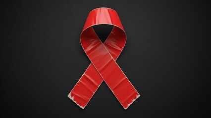 Red awareness ribbon with textured crumpled surface on dark gray background