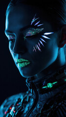 Beautiful woman face showing glowing neon makeup pattern on cheek with serene expression. Ultraviolet blacklight illuminates fluorescent fashion paint on skin against darkness for futuristic art