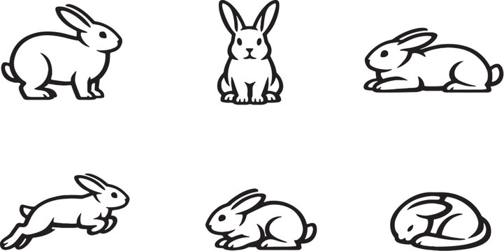 Rabbit pose variation black and white line art eps