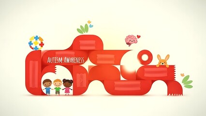 Colorful cartoon illustration depicting autism awareness with children and abstract shapes
