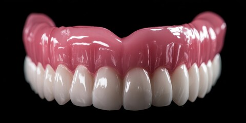 The Dentures On Black Background Showcase Healthy White Teeth And Pink Gums