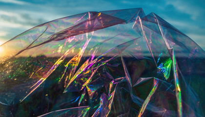 Abstract close up soap bubble texture reflecting iridescent rainbow colors against blue sky sunset creates magical dreamy atmosphere showing holographic refraction light