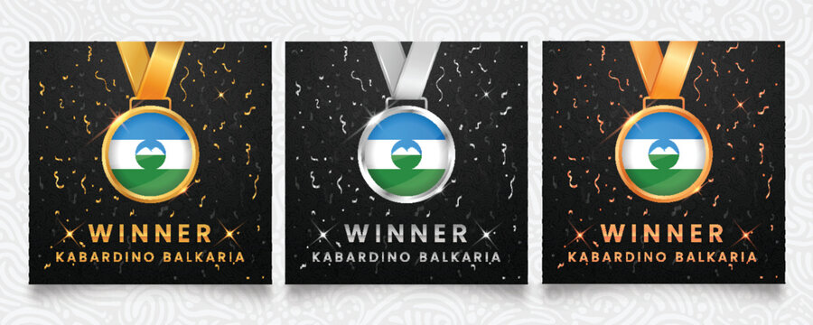 Kabardino-Balkaria Winner Set: Gold Silver Bronze Medals with Republic Flag on Dark Background with Confetti