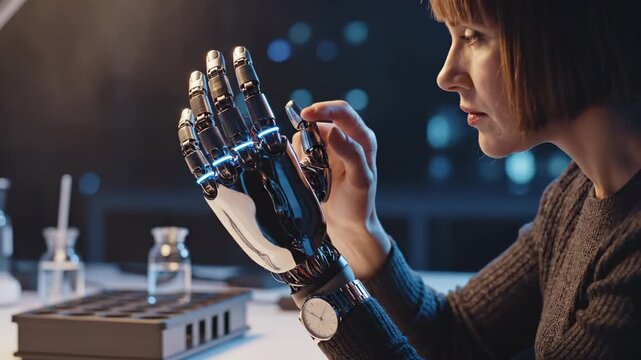 Woman engineer examines robotic prosthetic hand in laboratory. Scientist inspects robotic hand closely. Engineer studies prosthetic hand with bionic fingers. Woman analyzes robotic prosthetic in lab.