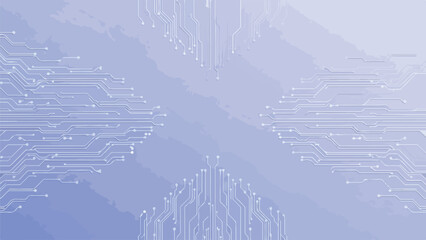 Fototapeta premium Abstract digital circuit board pattern with intricate white lines on a subtle blue-purple gradient background, representing technology, data, and connectivity.