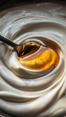 Indulgent greek yogurt showing creamy texture with golden honey swirl feels satisfying. Macro shot details spoon scooping sweet dessert. Healthy dairy food brings fresh happiness to nutrition diet