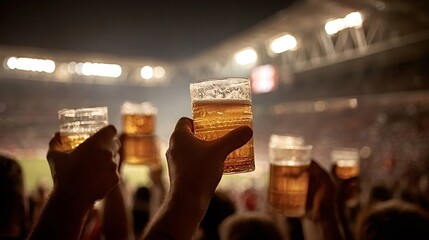 Spectators raise beer glasses in a crowded stadium at night, toasting and cheering as fans celebrate a thrilling sports match with lively energy, lights, and victory spirit