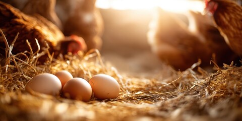 The Eggs in a Nest with Free-Range Hens Bathed in Warm Morning Light