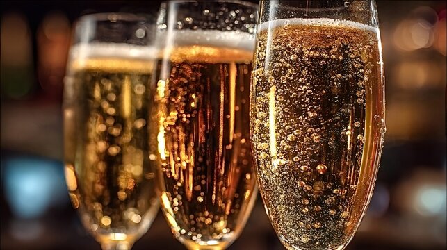 Three sparkling champagne glasses filled with golden effervescent bubbles suggesting celebration, success, and enjoyment during a festive event or special occasion