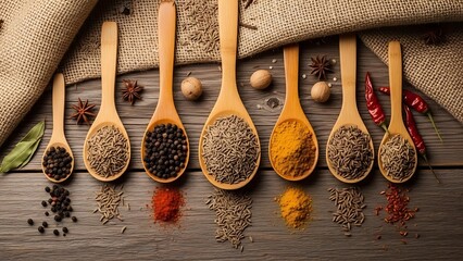 Wooden spoons with various spices on a wooden table