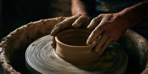 The Potter's Hands Shaping a Clay Bowl on a Spinning Wheel in Studio