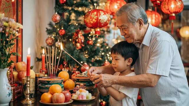 Asian man and boy lighting incense sticks for sacred traditional ceremony for Chinese New Year celebration at a decorated temple