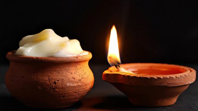 Ghee Pot and Diya Lamp Still Life Hindu Culture and Spirituality