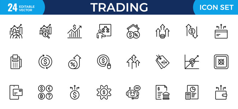 Trading Outline Icon Set &ndash; Banking and Finance Thin Line Icons Collection Including Bank, Currency Exchange, Cheque, Security Guard, Money Transfer and Loan, Modern Vector Illustration
