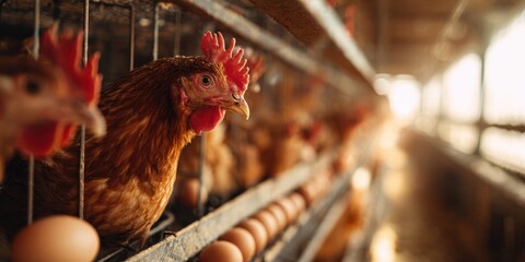 The Hen in a Commercial Egg Farm Cage Row with Golden Backlight