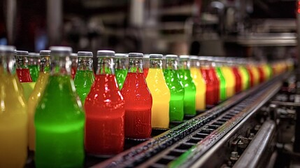 Glass bottles filled with vibrant red, yellow, and green soft drinks are moving along a production line on a conveyor belt in a bustling industrial factory