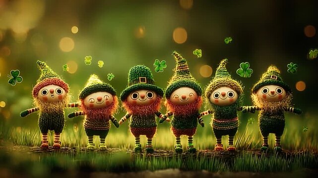 St. Patrick&rsquo;s Day leprechauns dancing, lined up next to each other, surrounded by green clovers and vibrant green tones. Seamless loop.