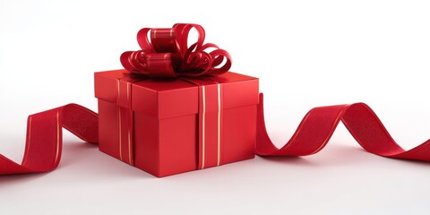 The Red Gift Box with Satin Bow and Winding Ribbon on White Background