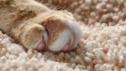 Ginger cat paw resting on textured carpet, close up of soft fur and pink toe beans conveying cozy domestic comfort, gentle warmth, tranquility, and pet affection