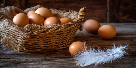 The Eggs in a Rustic Wicker Basket with Feather on Wooden Table