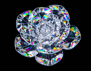 Shiny macro crystal rose flower with clear diamond petals and sharp faceted edges on black background illustrating elegant luxury and romantic love emotions through rainbow light reflection