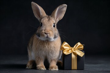 Obraz premium Cute bunny with gift box and golden ribbon on dark background