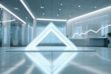 Obraz premium Glowing geometric structure illuminates modern office space with a futuristic, abstract aesthetic