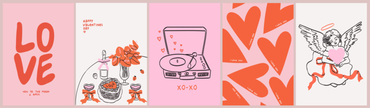 Happy Valentines or Galentines Day invitation cards in trendy whimsical hand drawn style with cupid, love, music and romantic dinner table. Template for ads, branding, banner, cover, label, poster.