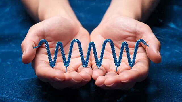 Person holding blue wire spring in their hands on a dark blue background 4k video