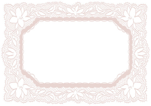 Isolated white whimsical frame doilies decorated with lace floral ornament. Horizontal shape border with vintage victorian elegance. Crochet, whimsy element for scrapbooking, wedding invitation cards.
