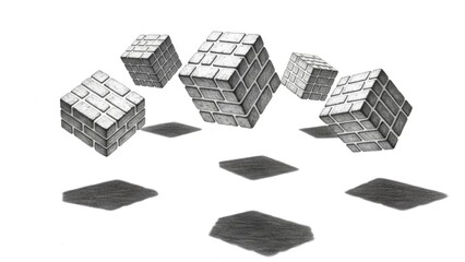 Floating Brick Cubes with Shadows - Abstract Geometric Concept