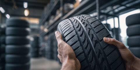 The Tire Held by Technician in Industrial Warehouse with Stacks of Spares