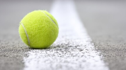 Tennis ball resting on white baseline of outdoor court. Clean sports composition with shallow depth of field and focus on texture and precision in competitive tennis