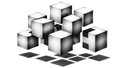 Obraz premium Abstract geometric arrangement of cubes in monochrome with shadows, concept of structure