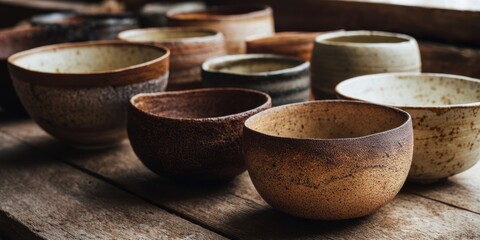 The ceramic bowls arranged on a rustic wooden table bathed in warm natural light