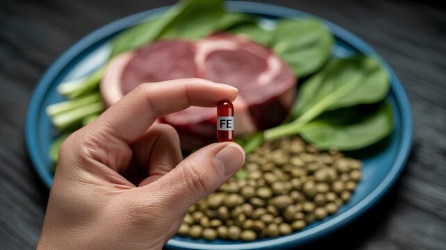 Composition showing pharmaceutical iron capsule with natural food sources of iron, representing anemia treatment and dietary health education