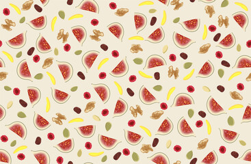Seamless white chocolate pattern with fruits and nuts, vector background