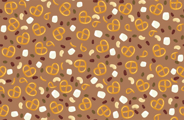 Seamless milk chocolate pattern with nuts and pretzels, vector background