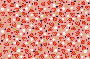 Seamless strawberry chocolate pattern with fruits and nuts, vector background