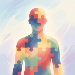 Colorful jigsaw pieces form human silhouette symbolizing complex identity and neurodiversity spectrum support concept