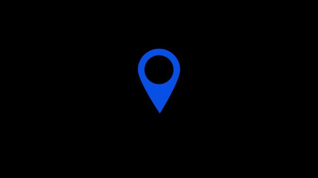 Simple, clean, and modern blue location pin icon on black transparent background, perfect for maps, navigation apps, websites, travels and more. GPS location pointer motion video
