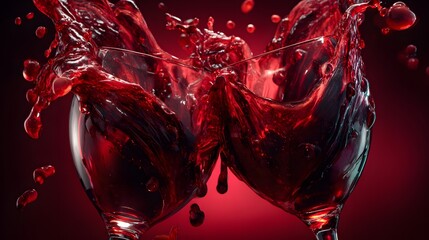 Red wine splashing mid-toast from two glasses in dramatic heart-shaped burst, perfect for valentines design, drink promotion