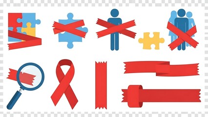 Collection of autism awareness symbols with red ribbons, puzzle pieces, and stick figures