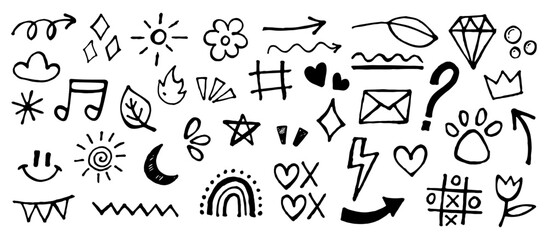 Hand Drawn Black and White Doodle Icon Set Featuring Sun, Moon, Stars, Flowers, Arrows, Music Notes, Paw Prints, Envelopes and Geometric Shapes in Simple Ink Marker Outline Style Vector Illustration