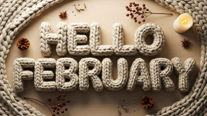 Hello February knitted letters with cozy textures hot drink mug and pinecone decor evoke warm winter vibes. Seasonal greeting card concept.