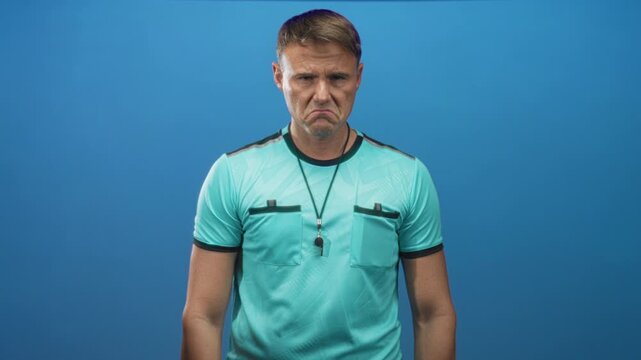 Man referee stands with whistle on lanyard, turquoise referee shirt and hands at sides, stern expression in studio; authority determination.